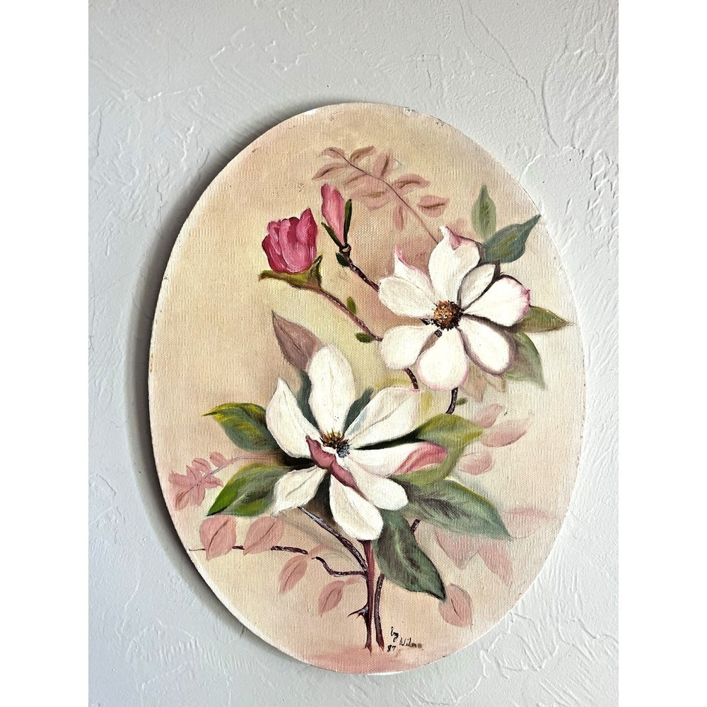 Original Painting Art Magnolia Flower Oval 11"x14" Canvas Shabby Cottagecore